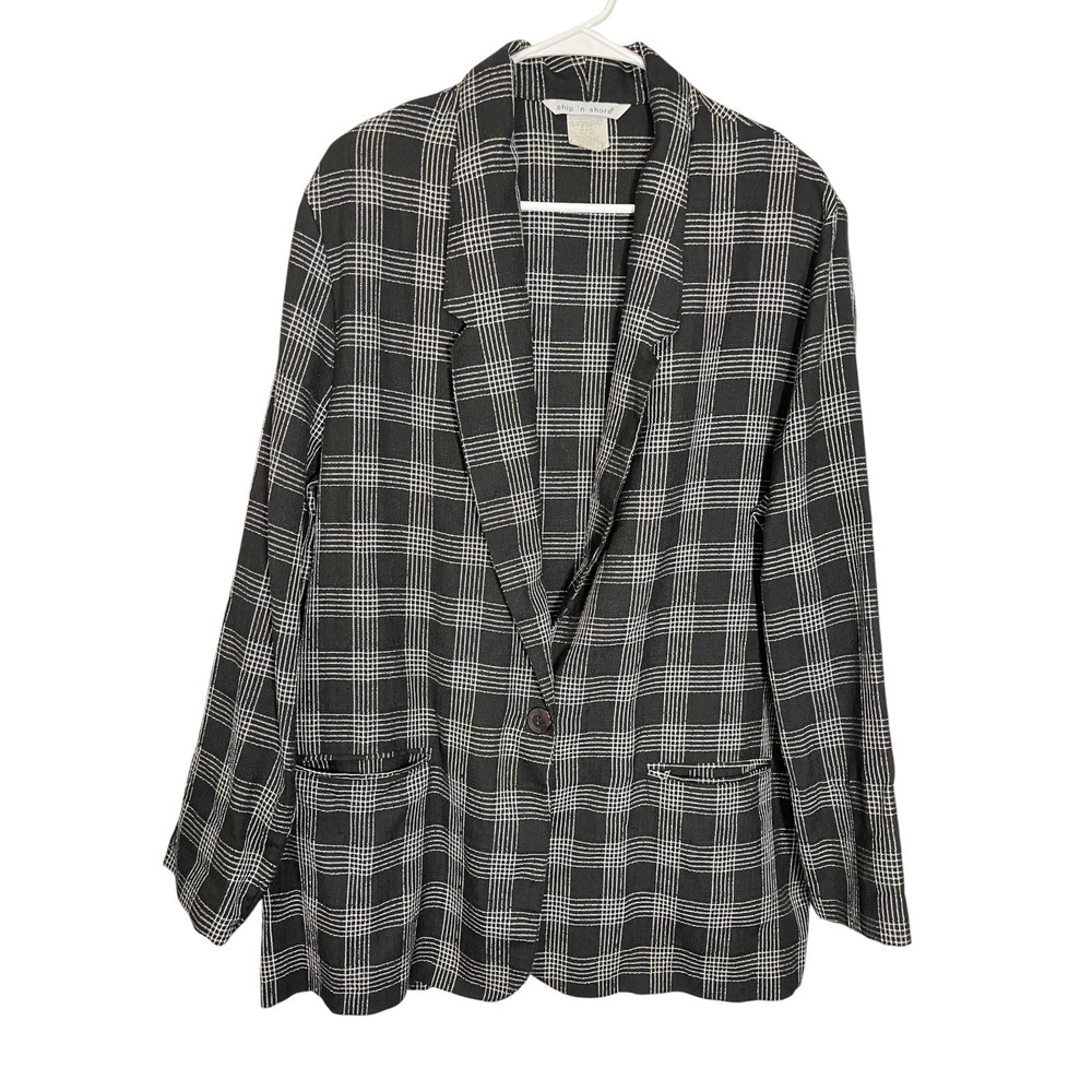 Ship 'n Shore 16 Black Plaid Blazer Single Button Windowpane Dark Academia 90s